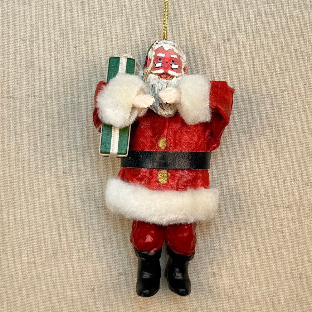 Vintage Paper Mache Santa Claus Christmas Ornament Holding Gift Box